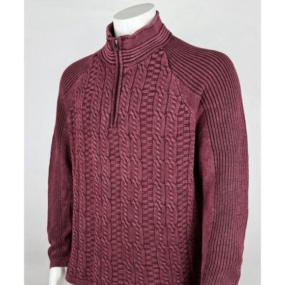 Carbon 2 Cobalt Burgundy Cable Knit Cotton 1/4 Zip Men Sz L Fisherman Sweater - Picture 1 of 15